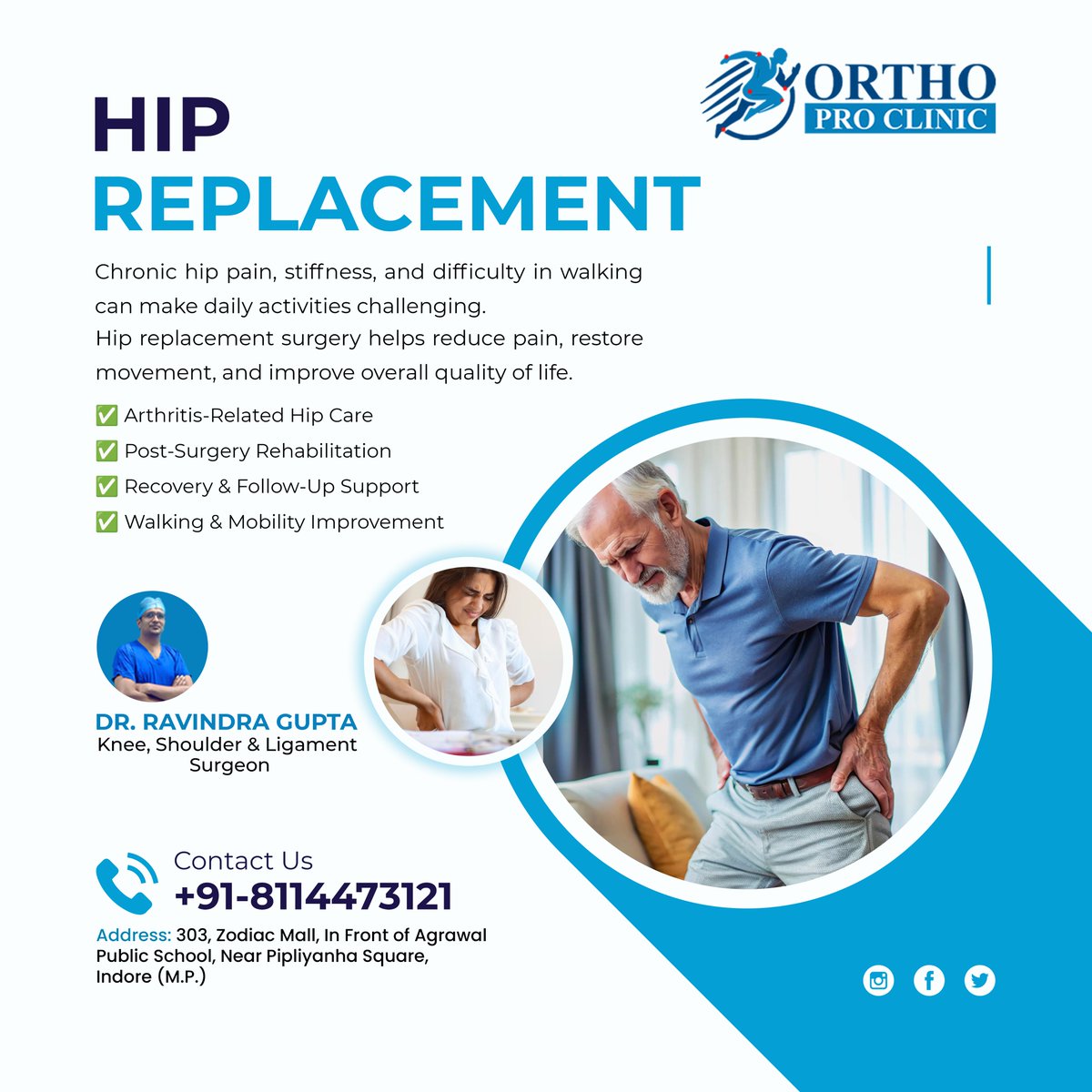 orthoproclinic's tweet image. Hip replacement surgery is a proven and effective treatment for severe hip arthritis, chronic hip pain, joint damage, stiffness, and difficulty in walking. 
#HipReplacement #HipReplacementIndore #TotalHipReplacement #HipArthritis #HipPainTreatment #JointReplacementSurgery