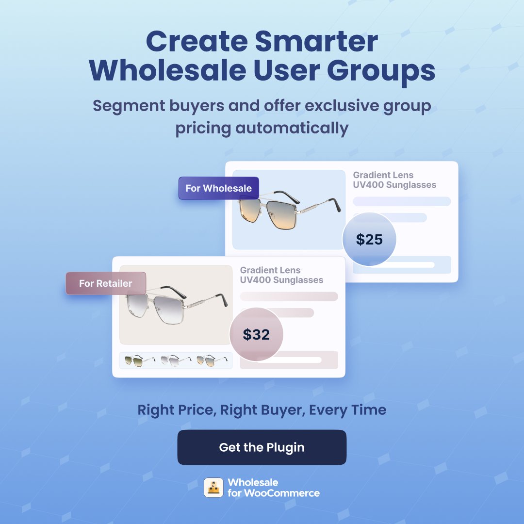 wpexpertsio's tweet image. Not every #wholesale buyer deserves the same price.

Create multiple user groups with unique discounts and bulk pricing rules built for buyer types.

- Multiple user groups
- Custom discounts
- Effortless B2B segmentation

woocommerce.com/products/whole…

#WholesalePlugin #WooCommerce