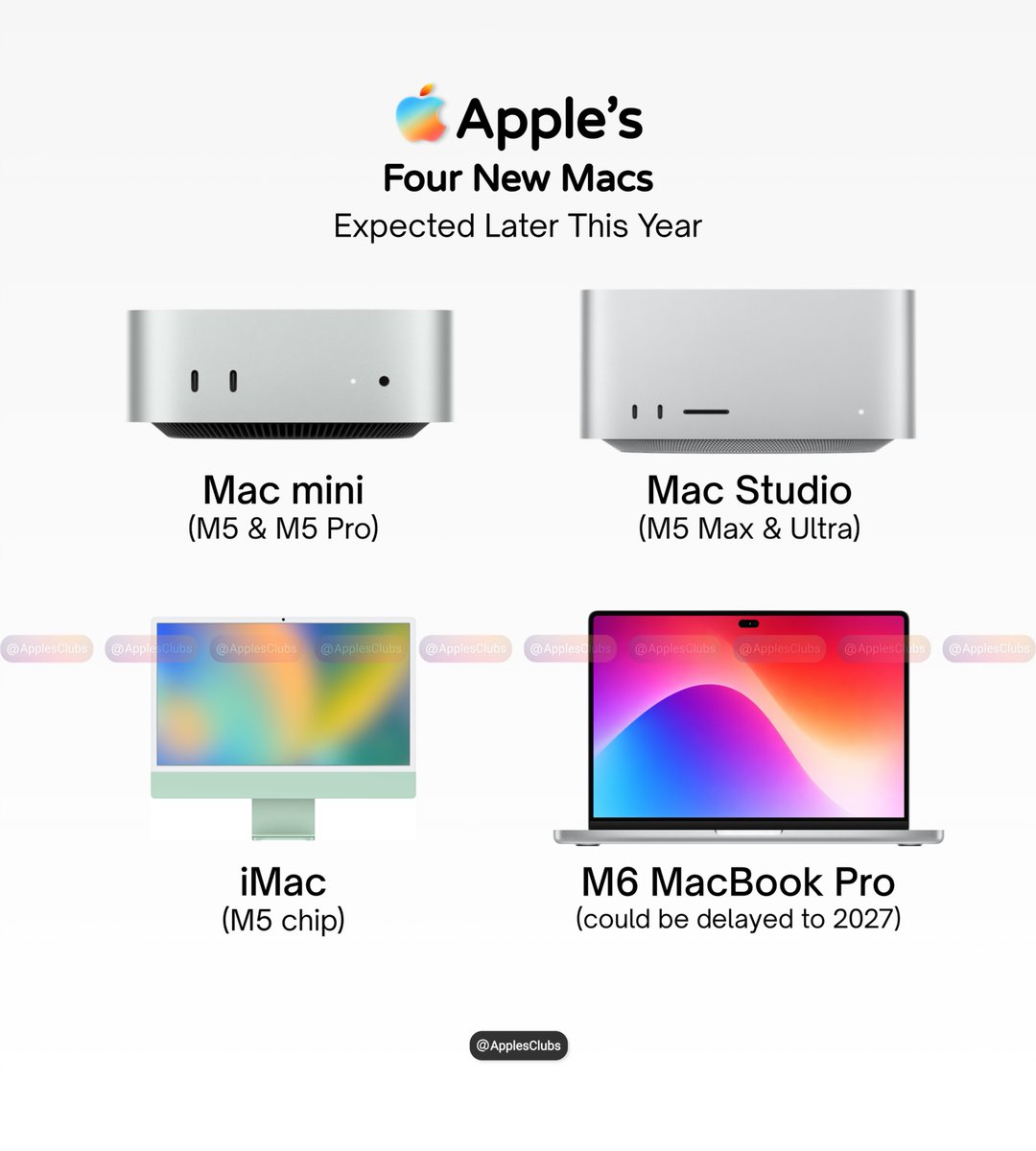 ApplesClubs's tweet image. Four New Macs Expected Later This Year👀

• Mac mini (M5 / M5 Pro)
• Mac Studio (M5 Max / Ultra)
• iMac (M5)
• MacBook Pro (M6, maybe 2027)

Which one are you waiting for?