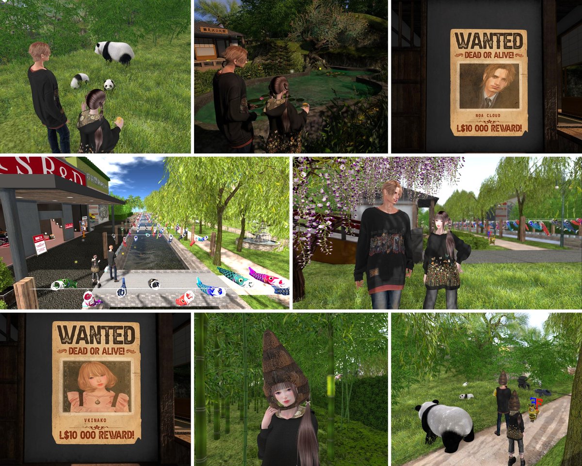 昨夜は二人で雛見沢へ～！
川を泳いでるかのような鯉のぼりに、川の脇の柳がとっても涼し気でした🎏🌿
ゆらゆら揺れてる藤の花の前で撮影してたらカズーさんとばったり🐰
タケノコと光る竹を教えてもらい、被り物のお土産もいただきましたヾ(๑╹ヮ╹๑)ﾉ”

Myuki's Garden 
maps.secondlife.com/secondlife/Neu…