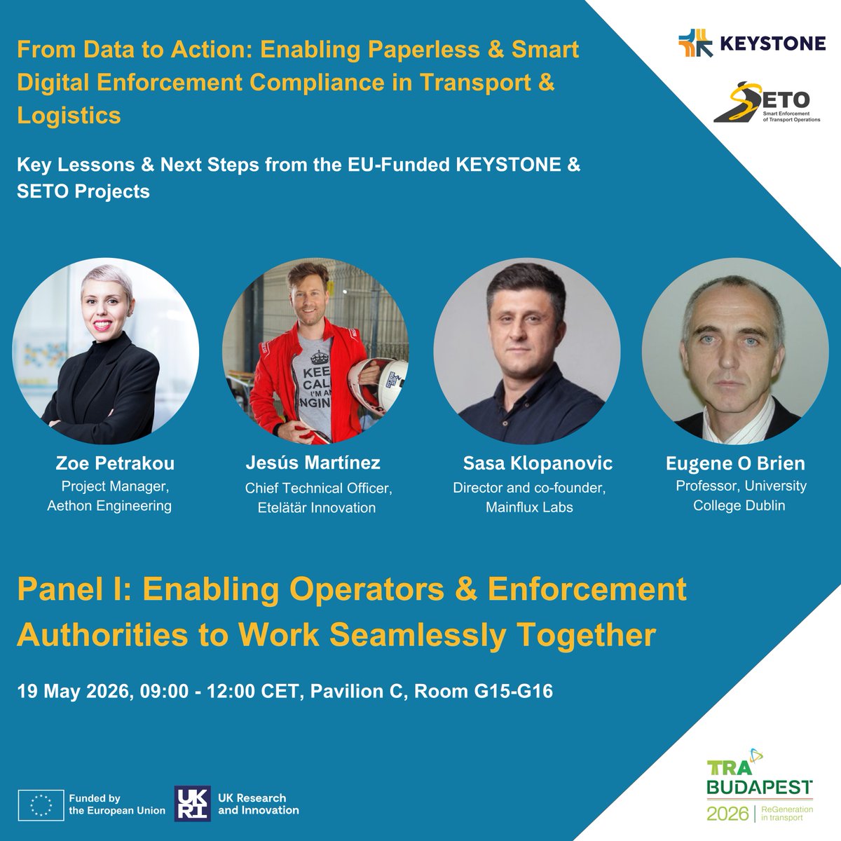 KEYSTONE_EU's tweet image. Attending #TRA2026? Join the @KEYSTONE_EU Final Event ft @seto_project &amp;amp; discover how #EUprojects are driving paperless, smart #transport compliance

Panel I: Seamless collaboration between operators &amp;amp; enforcement authorities
👉 Register: lnkd.in/ear82bDy

@TRA_Conference