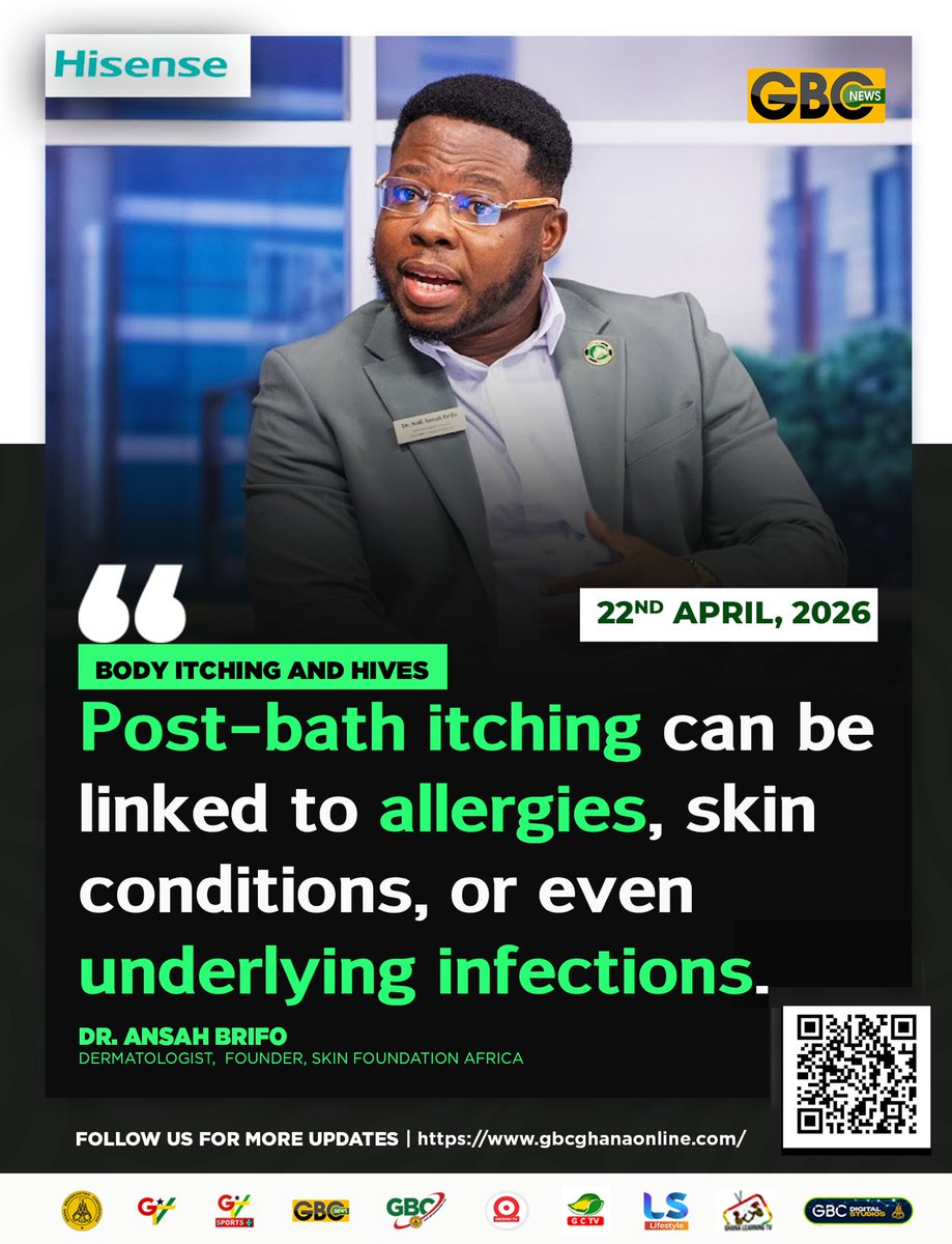 gbcnews_'s tweet image. Post-bath itching can be linked to allergies, skin conditions, or even underlying infections.

-Dr. Ansah Brifo ‐ Dermatologist,  Founder, Skin Foundation Africa

#gbcnews
#gtvbreakfatshow
#skincare
