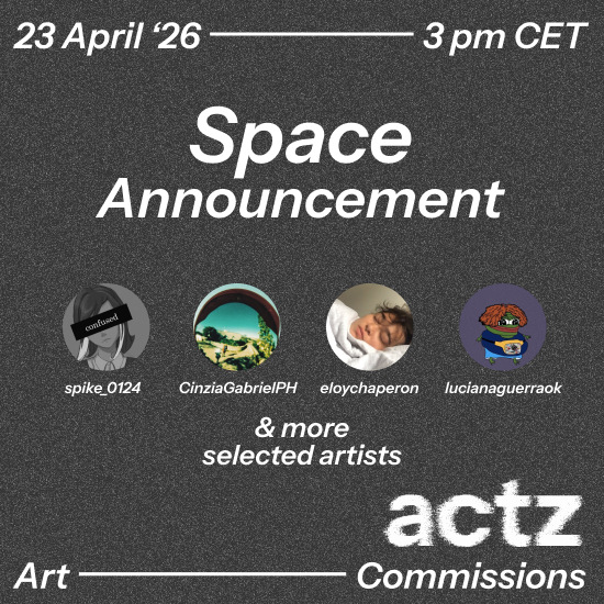 artontezos_'s tweet photo. Space announcement: ACTZ 🎙️

Join curators @spike_0124 &amp; @CinziaGabrielPH, alongside artists including @eloychaperon, @lucianaguerraok and more, as they discuss the works on auction for @artcommissiontz.

In conversation with @UnknownCo123

🗓 April 23, 3pm CET

Reminder ↓ https://t.co/9vZpZP9GKT