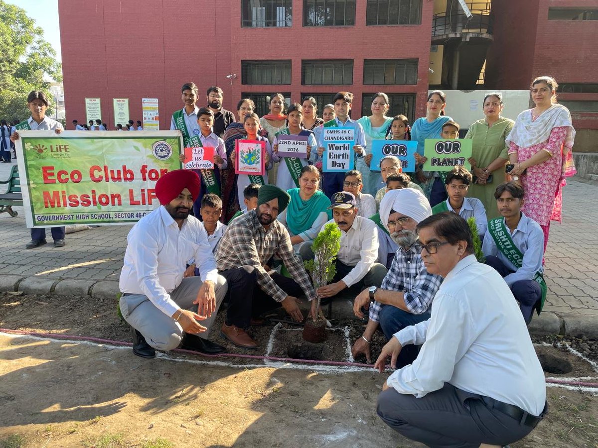 Ghs46cChd's tweet photo. The Eco Club of GMHS, Sector 46-C, Chandigarh, celebrated World Earth Day 2026 by hosting a successful plantation drive themed “Our Power, Our Planet,” with Chief Guest environmentalist Shri Prabhu Nath Shahi and Headmaster Shri Rajinder Singh guiding the event. https://t.co/QOqI1eZWu2