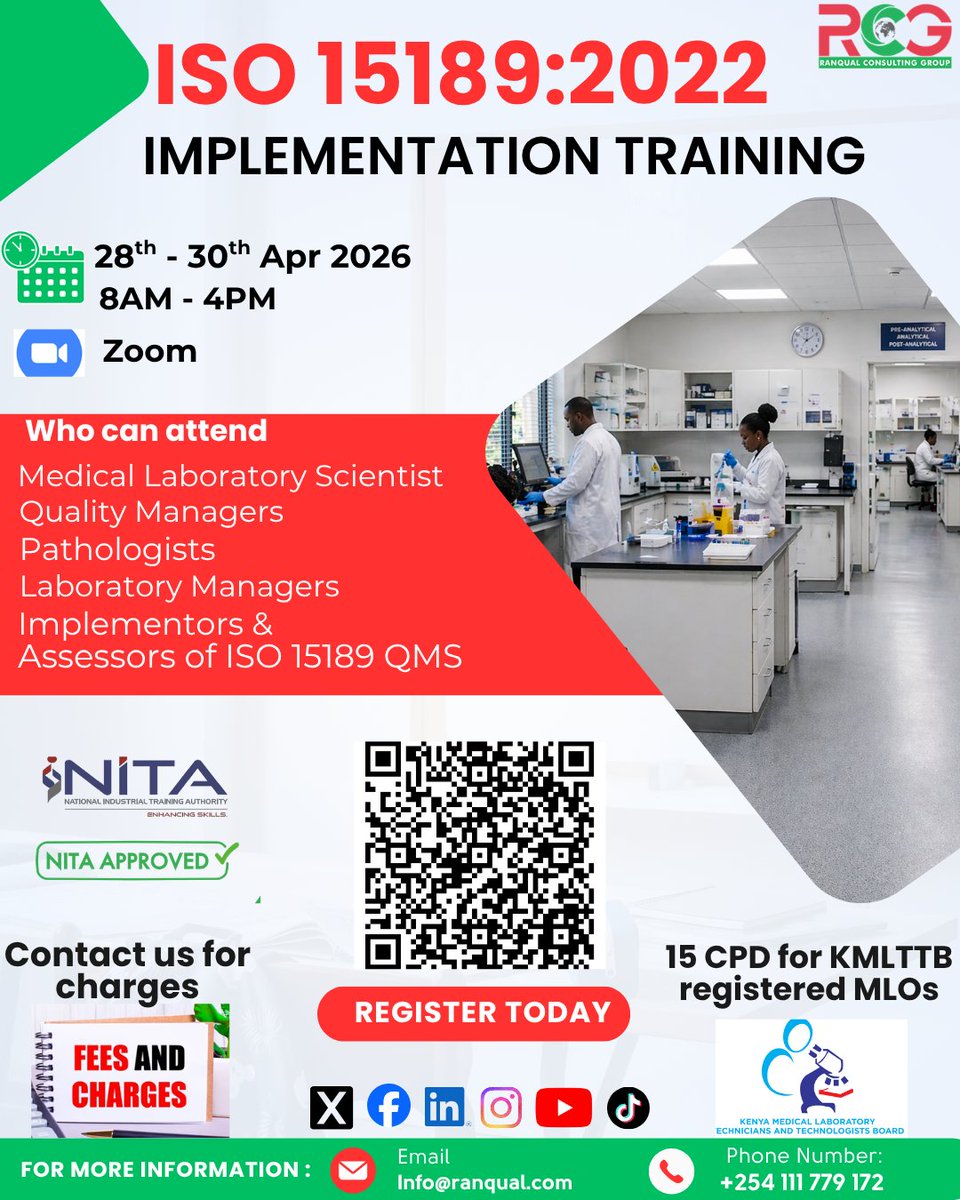 RanqualCG's tweet image. 📌 ISO 15189:2022 Implementation Training is back.
 Close the gap between intention and action in just three practical days.
📅 28th–30th April | 💻 Zoom
👉 Register now: lnkd.in/d8RkwB-4
📞 +254 111 779 172
#iso15189 #accreditation #ranqualconsultinggroup #kmlttb
