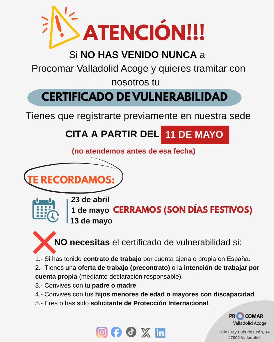 ProcomarVLL's tweet photo. INFORMACIÓN RELEVANTE si eres persona no usuarias de Procomar Valladolid Acige y estás pensando tramitar con nosotros el certificado de vulnerabilidad  👇🏾 https://t.co/okKxNgaKys