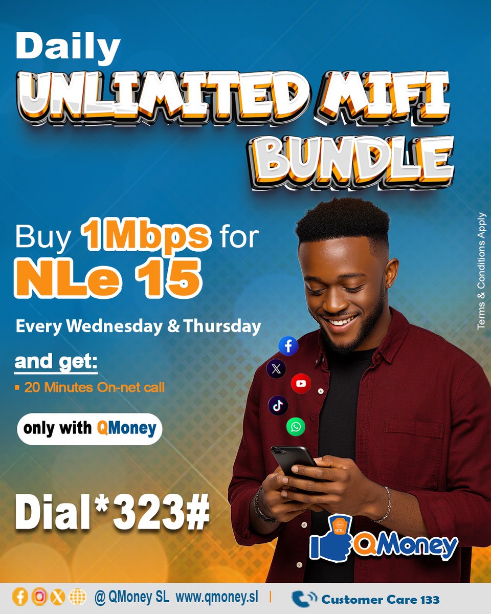 QcellSL's tweet image. Subscribe to our super 1Mbps daily unlimited and receive FREE 20 Mins to make QCell to QCell calls for just NLe15 today and stay connected all day.
Simply dial *323# and activate yours today and save more.
#QMoneySL
#WednesdayWithQMoney
#StayConnected