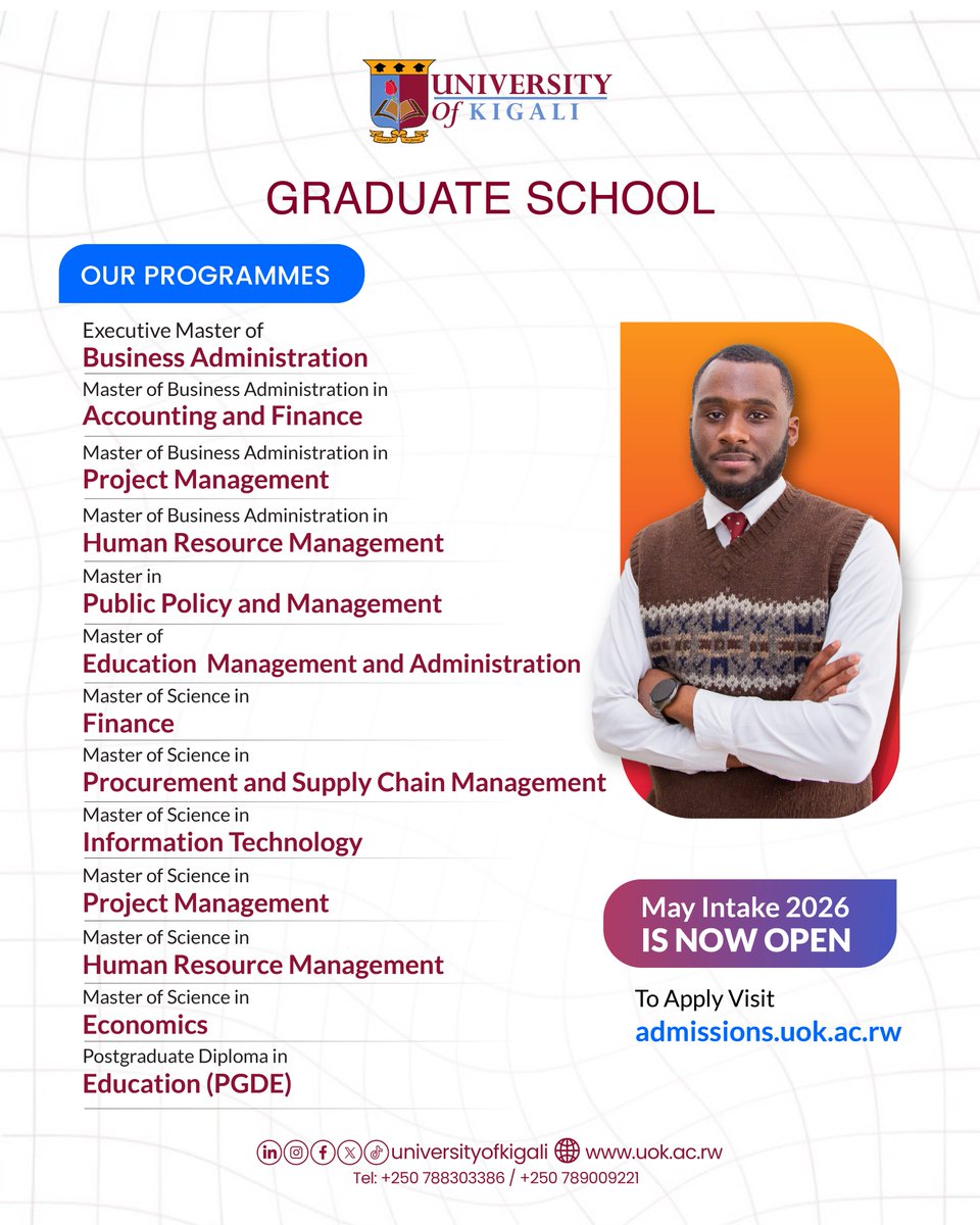UnivOfKigali's tweet image. Take the next step with the University of Kigali Graduate School 🎓

Advance your knowledge, build your expertise, and become a leader in your field.

👉 Applications for the May Intake are now open.

#uok #graduateschool #applynow #careergrowth #becomeit