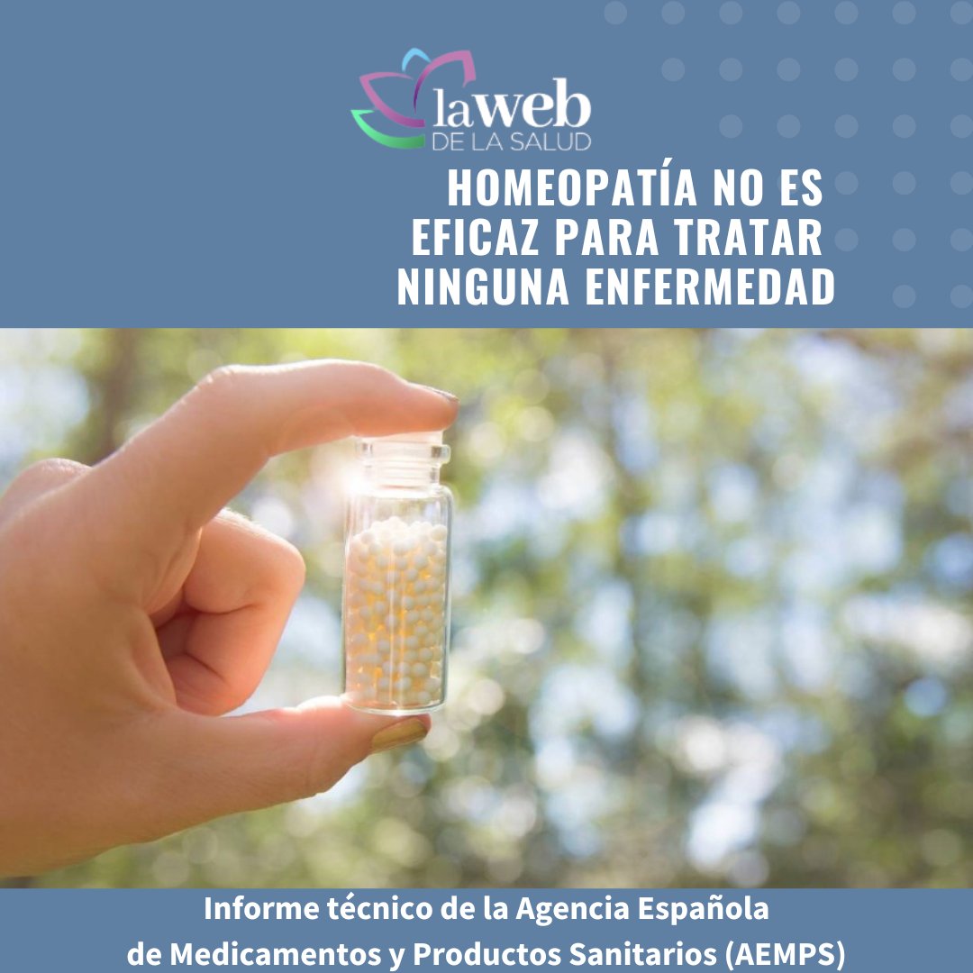 La Agencia Española de Medicamentos y Productos Sanitarios (AEMPS) ha concluido que no existe evidencia científica que avale la eficacia de la homeopatía en ninguna patología
<a href="/AEMPSGOB/">AEMPS</a> <a href="/sanidadgob/">Ministerio de Sanidad</a> <a href="/MINSAPma/">Ministerio de Salud de Panamá</a> <a href="/academiazulia/">Acad.deMedicinaZulia</a> <a href="/acamedve1/">Academia Nacional de Medicina de Venezuela</a> <a href="/agencia_sinc/">SINC</a> 
lawebdelasalud.com/homeopatia-no-…
