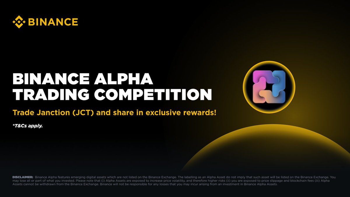BinanceWallet's tweet image. Join the #Binance JCT Trading Competition now!

🔸 Trade JCT with $100K worth of rewards up for grabs.
🔸 Click [Join] on the Binance App event page to start tracking trade volume.
🔸 New mechanic: Early Bird Multiplier — the earlier you trade, the higher your boost. Day 1 trades
