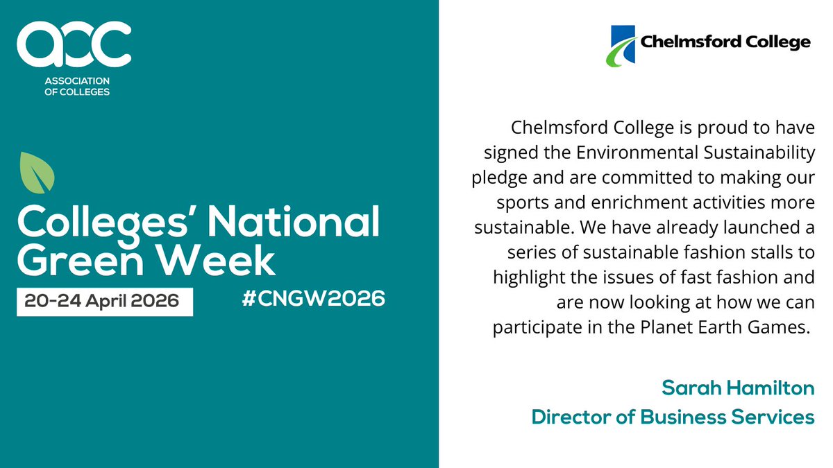 AoC_Sport's tweet photo. Shining a spotlight on @chelmsfordcol 🌍

Their Climate and Sustainability Transformation Group is driving action across campus, from fast fashion initiatives to recycling schemes and growing food for student canteens.

Sign our Sustainability Pledge: https://t.co/DyxyyQbsh4 https://t.co/CebQUZtdXd