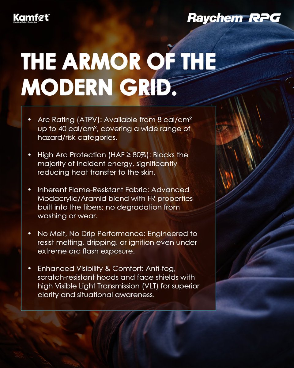 raychemrpgco's tweet image. Introducing the Kamfet Arc Flash Suit. Rated up to 40 cal/cm² with a high-visibility, anti-fog shield. Inherent flame resistance that never wears or washes away.​

Connect with us: cic@raychemrpg.com | 022 4574 5060 

#ArcFlash #RaychemRPG #ElectricalSafety #ArcFlashSuit