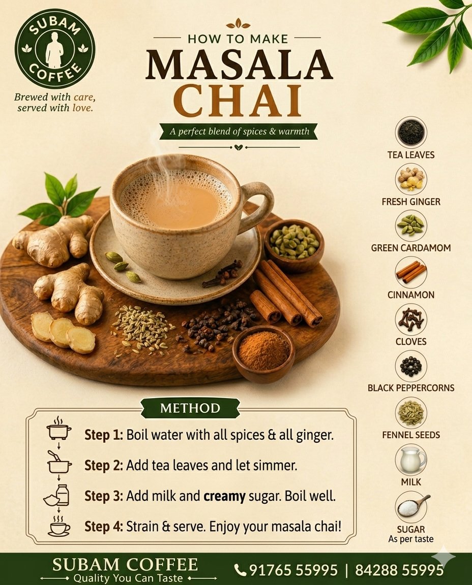 GraceIncgroup's tweet image. Perfect chai starts with perfect masala ☕🔥

#SubamCoffee #MasalaChai #Tea