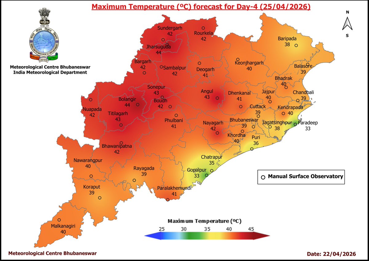 mcbbsr's tweet image. Maximum Temperature Forecast for next 5 days
#Odisha #hot #temperature