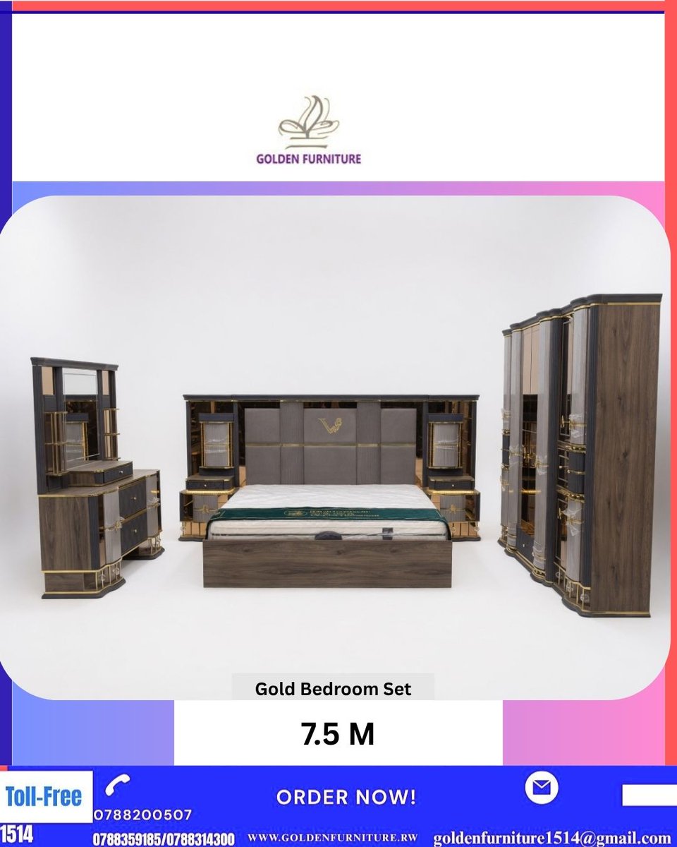 GoldenF1514's tweet image. Transform your bedroom into a luxury haven! Our Gold Bedroom Set features rich wood and premium gold accents. Includes bed, wardrobe, dresser and nightstands.
 7.5M RWF
📞 0788200507 | 0788314300
🌐 goldenfurniture.rw
#GoldenFurniture #Rwanda #Luxury