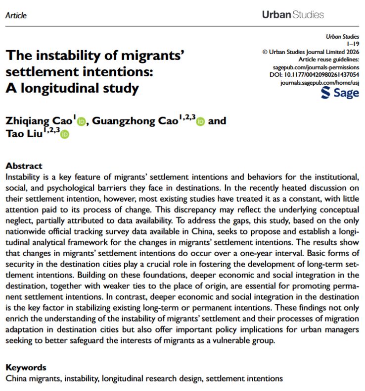 USJ_online's tweet image. 🏙️ NEW in #UrbanStudies

✍️ 🔍️ Based on the only nationwide official tracking survey data available in #China, Cao et al. propose and establish a longitudinal analytical framework for the changes in #migrants’ #settlement #intentions.

📖 buff.ly/kTBWZcr