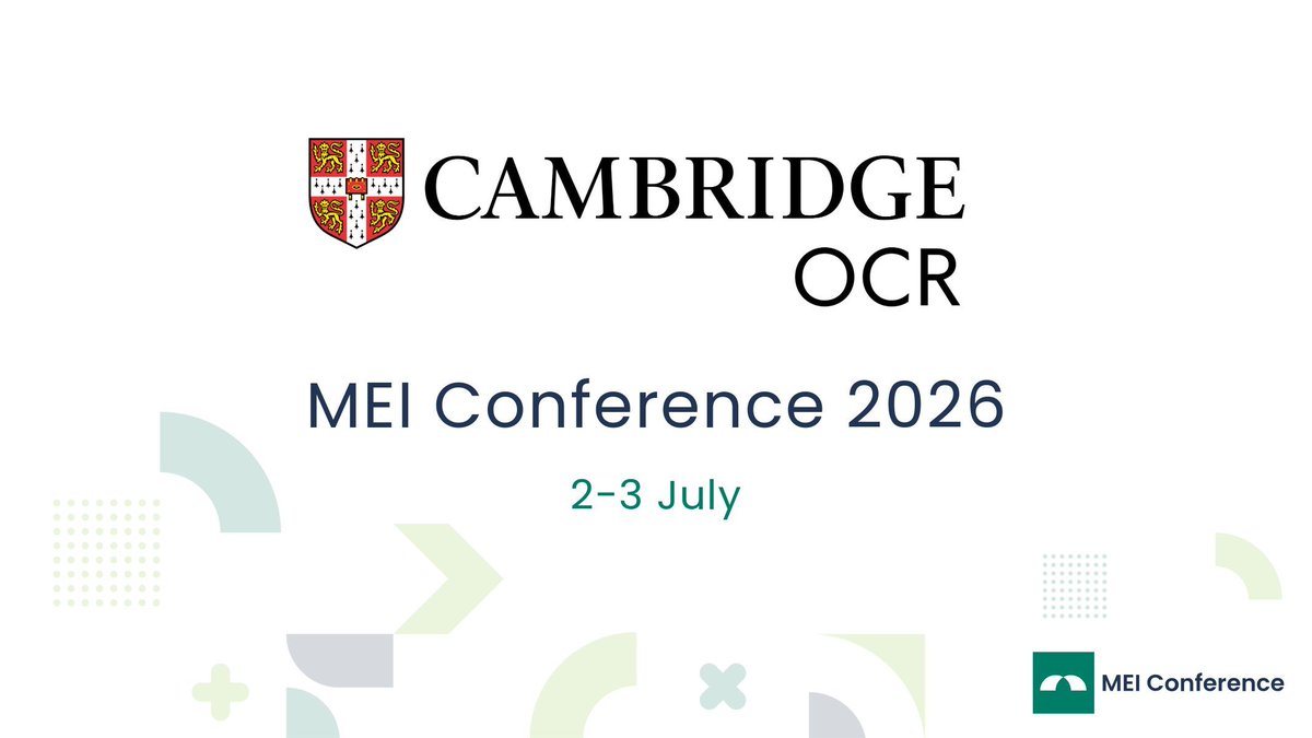 MEIMaths's tweet image. 🎉@CambridgeOCR returns as a Bronze Sponsor for #MEIConf26! They provide GCSEs, A levels and vocational qualifications through, delivering trusted assessments across the UK. 

🔗 Learn more: buff.ly/wHr4uML 

#Education #TeacherDevelopment #CambridgeOCR