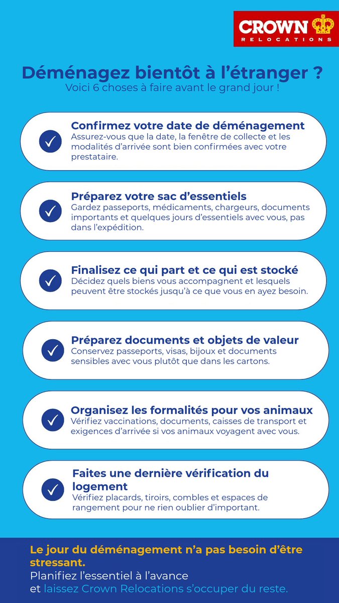 Vous déménagez bientôt à l’étranger ? Voici ce qu’il faut prévoir avant le grand jour ✈️📦

Le compte à rebours final peut sembler stressant… mais quelques étapes simples peuvent faire toute la différence.

👉 Cette checklist couvre 6 éléments essentiels à régler avant le jour