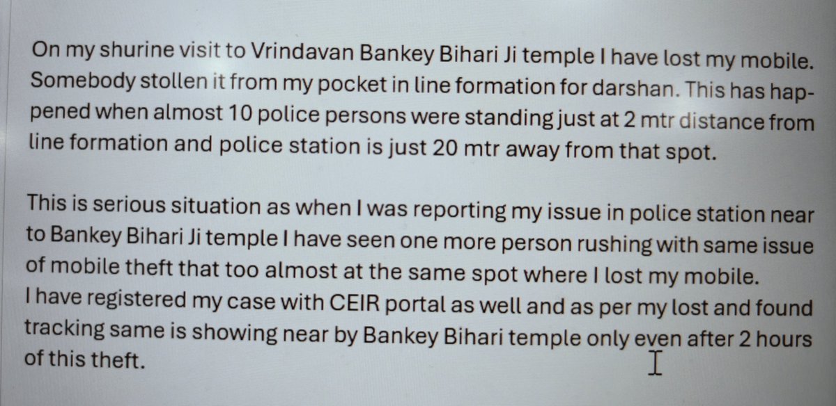 leoaksingla's tweet photo. Respected CM Sir,
@myogiadityanath 
@myogioffice 
@Uppolice 

My detailed request/report on Mobile Theft incident near Bankey Bhari Ji temple Vrindavan. Theft spot just 2 mtr away from on duty 10+ police staff and max 20 mtr from police station. https://t.co/IXWFzDtVK9
