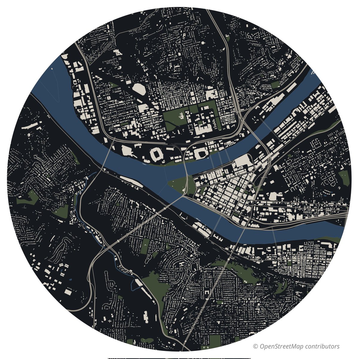 f062jjb's tweet image. 今年のNFLドラフトの舞台、ピッツバーグ。
二つの川が合流するこの場所に、未来が集まる。
© OpenStreetMap contributors
#NFLDraft #QGIS #MapArt #OpenStreetMap #Pittsburgh #地図