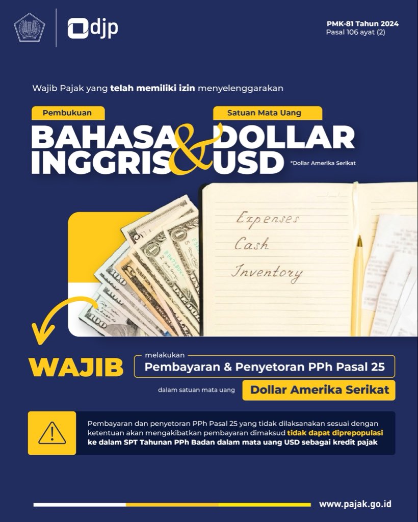 DitjenPajakRI's tweet photo. #KawanPajak yang telah memperoleh izin menyelenggarakan pembukuan dalam Bahasa Inggris dan menggunakan satuan mata uang Dollar Amerika Serikat (USD), wajib melakukan pembayaran dan penyetoran PPh Pasal 25 dalam mata uang USD.

❗Pembayaran dan penyetoran yang tidak sesuai ketentuan tidak dapat diprepopulasikan ke dalam SPT Tahunan PPh Badan dalam mata uang USD sebagai kredit pajak.
Pastikan kewajiban perpajakan #KawanPajak dilaksanakan dengan benar yaa.