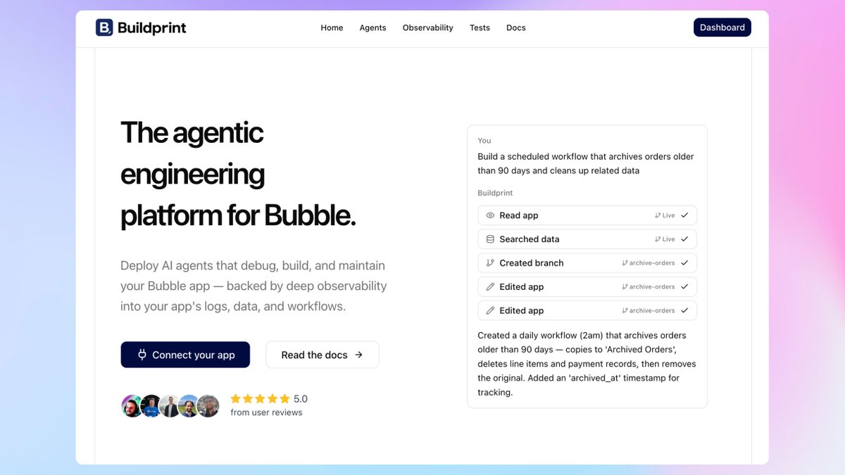 george_nqu's tweet photo. Buildprint editing is available for everyone now, for free! 🥳 

Buildprint lets you deploy agents that work on your @bubble app in the background, and automatically test them with no code when they're done. 

It was super exciting to lead a webinar (over 400 people signed up!) to celebrate the launch and see how agencies are using it in production.