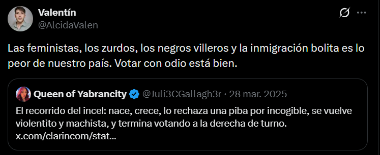 -Pablo Laurta  <a href="/VaronesUnidos/">Varones Unidos</a> asesinó a su ex Luna Giardina; su suegra,  Mariel Zamudio y un remisero.
-Maximiliano Sallito <a href="/maxisallito1/">M👽</a> asesinó a Vica Monteros.
-Valentín Alcida <a href="/AlcidaValen/">Valentín</a> asesinó a su novia Sophía Civarelli.
¿Qué tienen en común?
Son militantes de <a href="/JMilei/">Javier Milei</a>