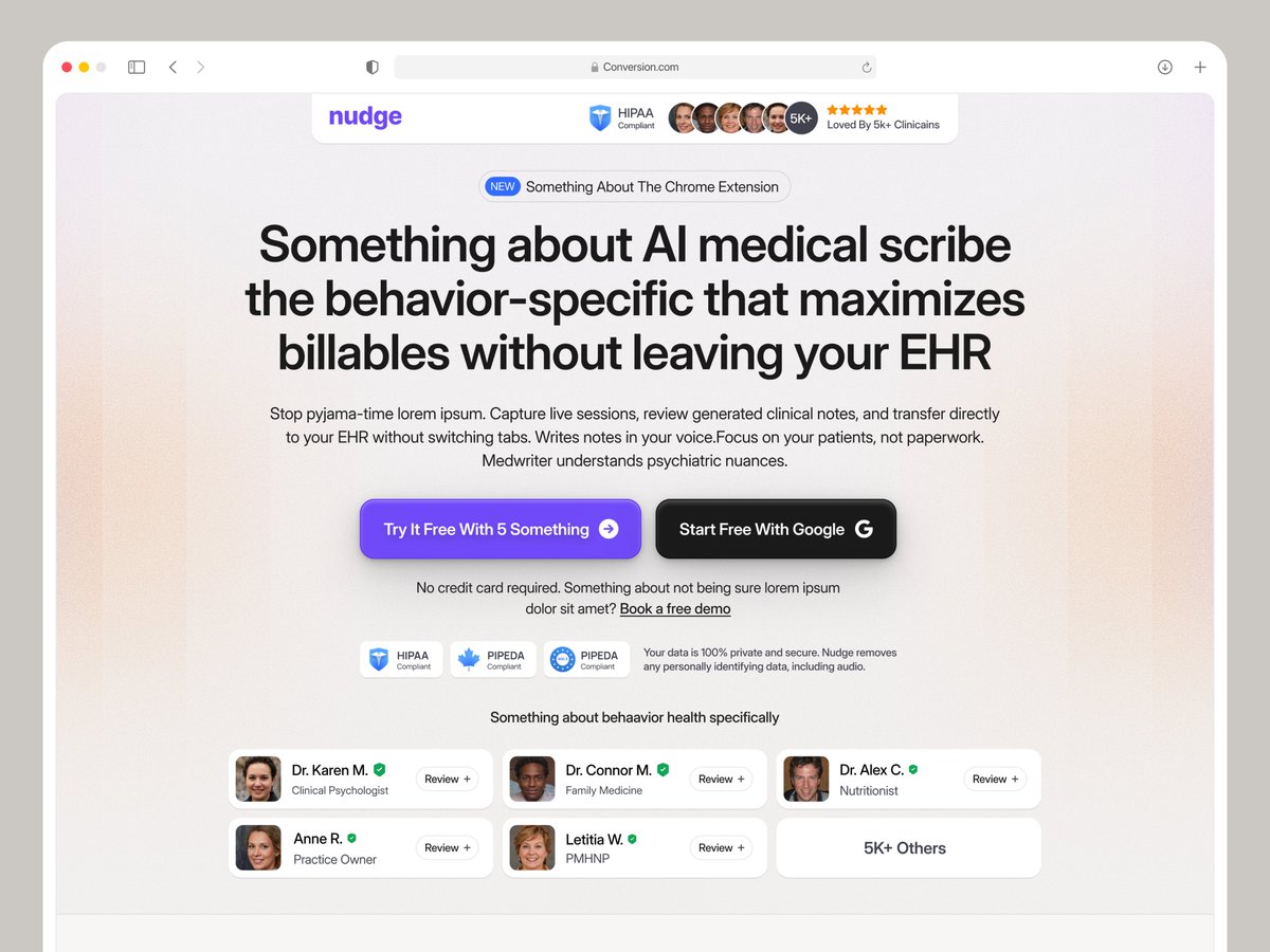 Hero section for a clinical AI scribe used by 5,000+ clinicians.

Client ask: stop clinicians from losing money on undercoded sessions.

Just kicked off another project and the hero is already done.