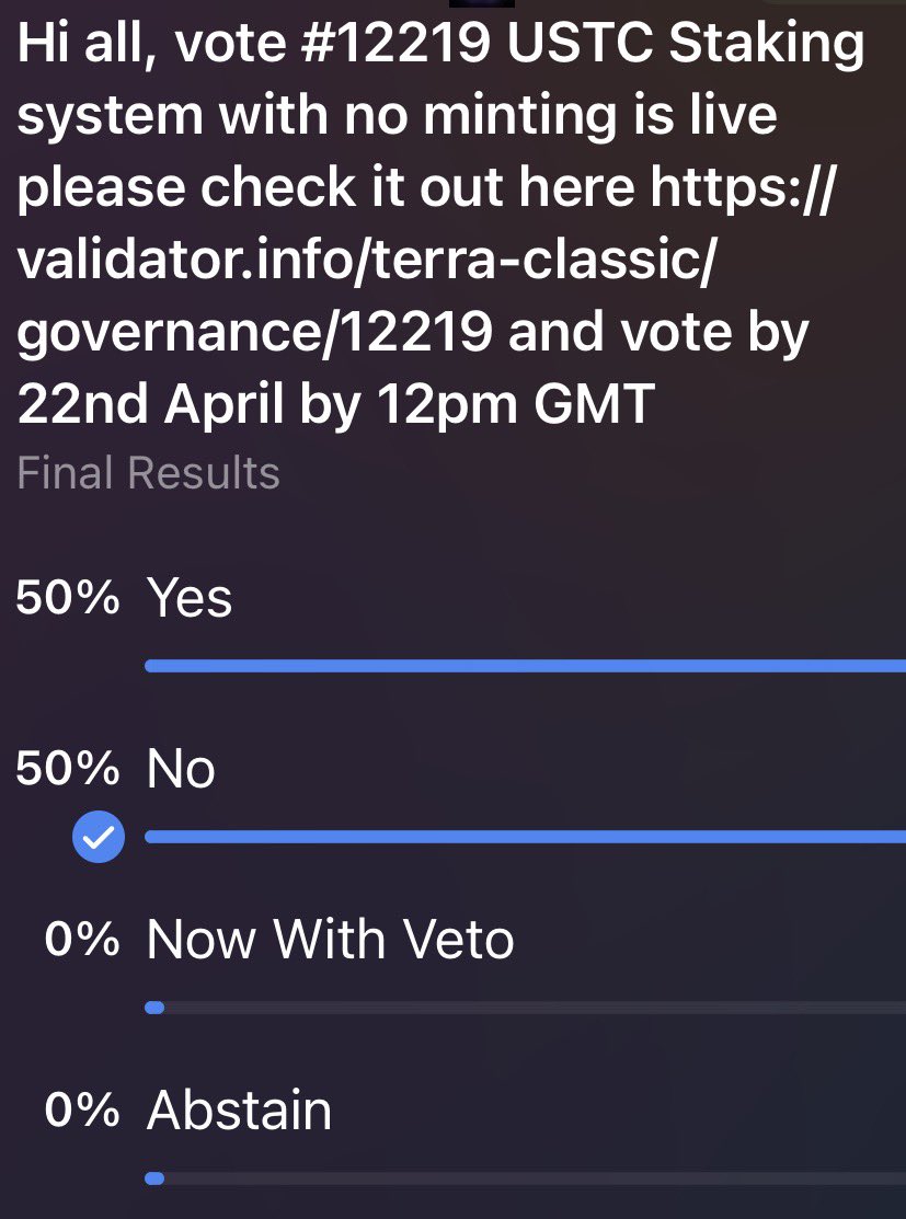 NodeNexusVal's tweet photo. 🗳️ NodeNexus Voting Intention – Terra Classic Proposal 12219

After reviewing the proposal and the votes from our delegators:
•  50% voted Yes
•  50% voted No
As a result, NodeNexus will vote ABSTAIN on Proposal 12219.

We believe this balanced split among our community reflects the divided opinions on the matter, so we’re choosing not to sway the outcome in either direction.

Thank you to all our delegators for participating in governance. Your voices guide our decision.

🇬🇧 NodeNexus 
#TerraClassic #LUNC