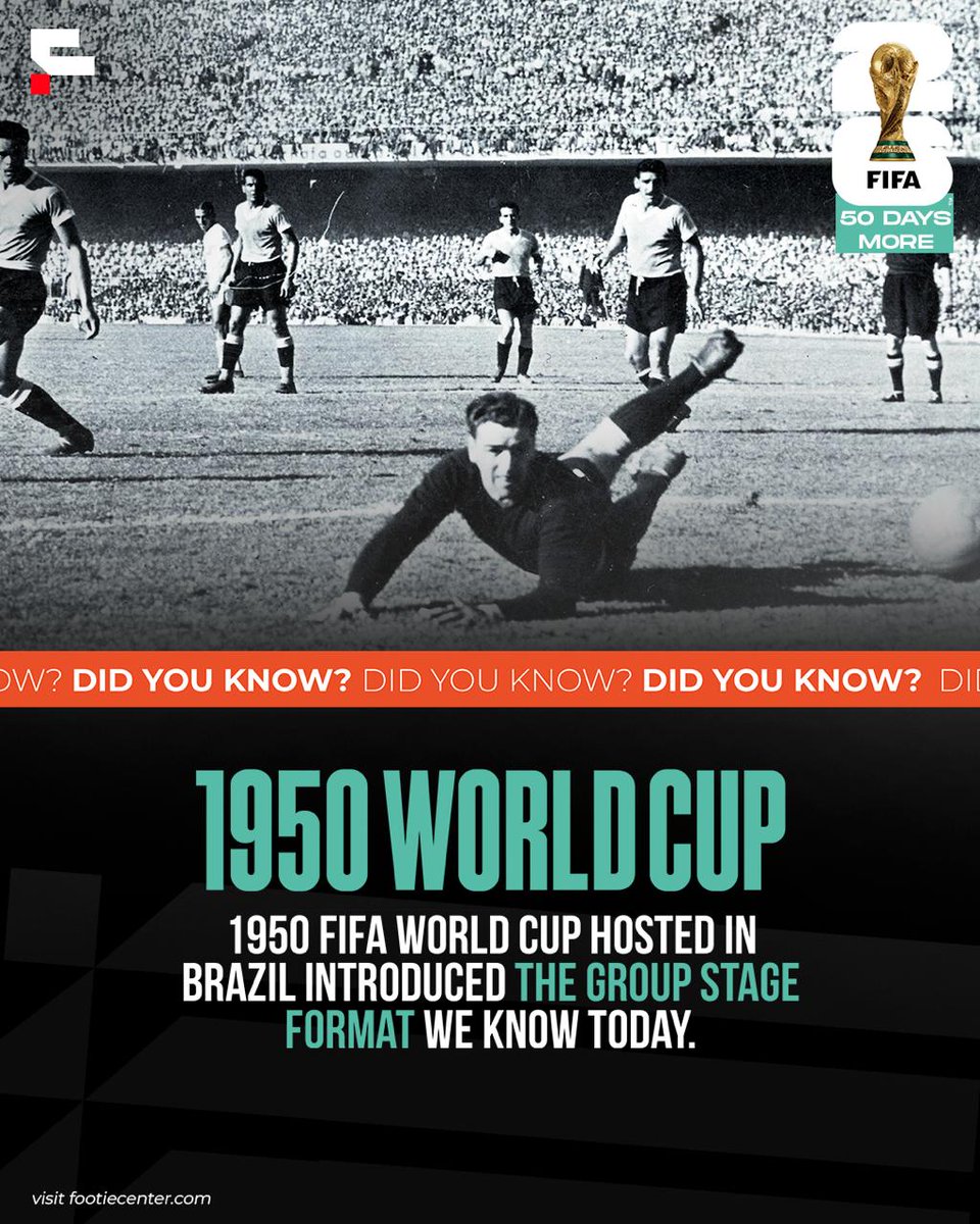 nyannthierry's tweet image. Did you know the 1950 World Cup in Brazil was the first to use the group stage format? Prior to this, it was win-or-go-home from day one. 🏟️⚖️

#WorldCup2026 #FootballHistory #FIFAWorldCup #FootieCenter