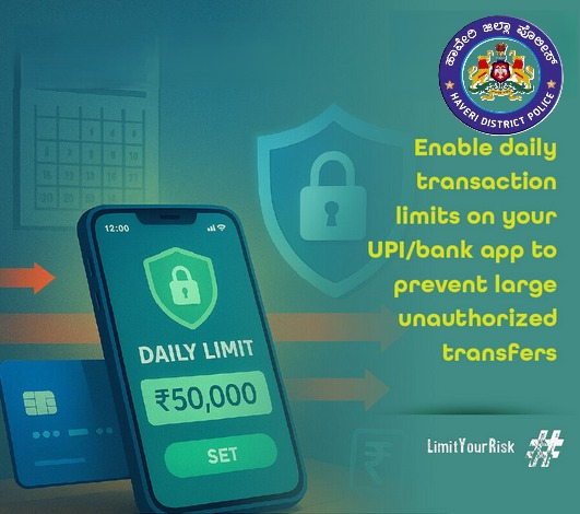 sphaveri's tweet image. UPI ಮತ್ತು ಬ್ಯಾಂಕಿಂಗ್ ಅಪ್ಲಿಕೇಶನ್‌ಗಳಲ್ಲಿ ದೈನಂದಿನ ಮಿತಿಗಳನ್ನು ನಿಗದಿಪಡಿಸಿ, ನಿಮ್ಮ ಹಣವನ್ನು ದೊಡ್ಡ ವಂಚನೆಗಳಿಂದ ತಡೆಯಬಹುದು...
#HaveriPolice #StaySafeOnline #Payments