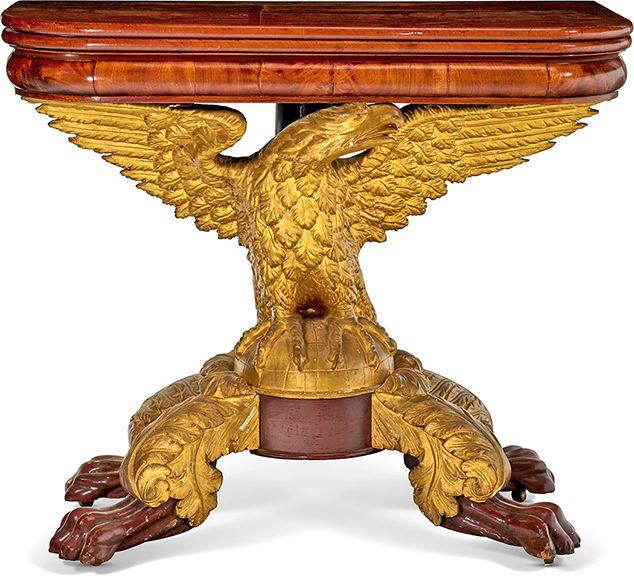 AntiqueDigest's tweet image. A Classical mahogany parcel-gilt eagle-base card table, New York, 1830-40, 31 7/8" x 36" x 17¾" (closed), sold for $50,800 (est. $10,000/15,000) at @ChristiesInc maineantiquedigest.com/stories/the-am… #antiques #antique #Americana #furniture #classical #eagle #table