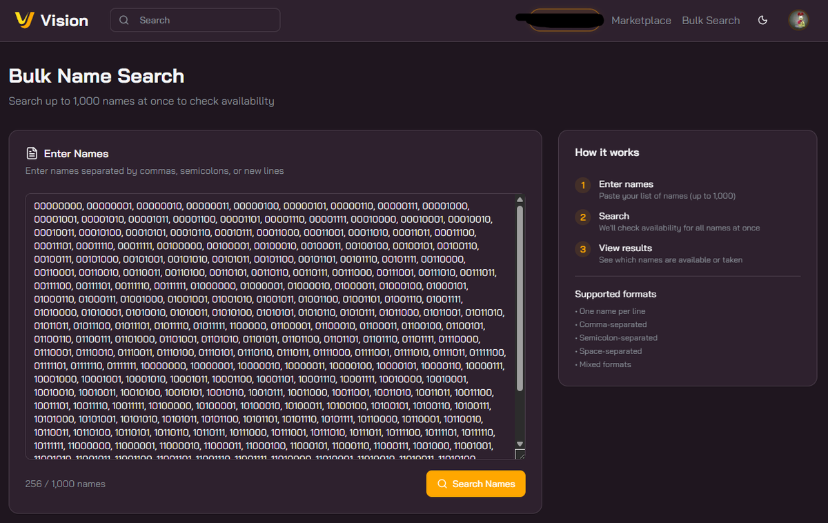 ensvision's tweet photo. 🚨 Quick heads-up for the squad 👀

We’ve been vibing on VisionVibe and noticed a ton of you out here registering names one by one like it’s 2022.

Real talk: if you’ve got a list you’re eyeing, stop paying extra gas and extra clicks.

Bulk Search → Bulk Register is right there on https://t.co/dUKGN0oHzt and it saves $.

Drop your list, see what’s available in one go, and register the winners in bulk instead of burning fees on single tx after single tx.

Your wallet (and your future self) will thank you.Who’s switching to bulk mode today? 

Drop a  if you’re about to save some ETH.

#VisionVibe #ENS #BulkRegister
