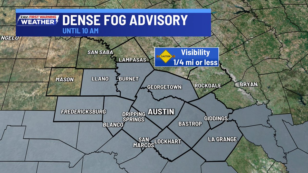 KristenCurrieTV's tweet image. NEW: Dense Fog Advisory in effect for most of the area until 10AM (WED). Widespread fog could make for a tricky morning commute. Give yourself time. #Austin #ATX #TXWX