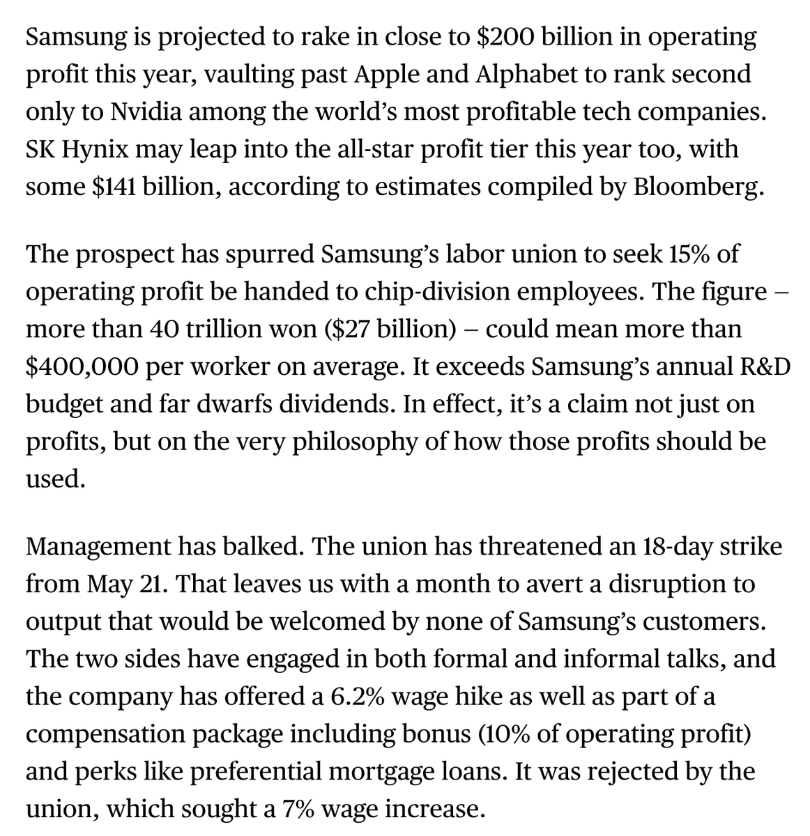 ArendJanKamp's tweet image. Nog een signaal dat chippers mogelijk aan het overkoken zijn en dat er mss weer een nieuwe bottleneck ontstaat in supply chain: personeel #Samsung en #SKHynix wil delen in recordwinsten en dreigt met staking
Bloomberg: 
bloomberg.com/news/newslette…