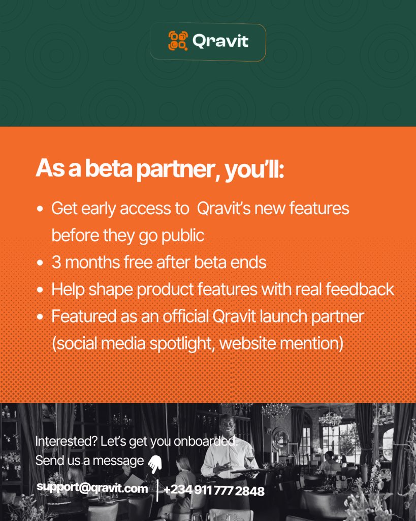 qravit's tweet photo. We're onboarding restaurants for our free beta
You get: 3 months free, full setup by our team, dedicated support, and your name as an official launch partner.
Limited spots — DM us now https://t.co/6AH2NhyekA