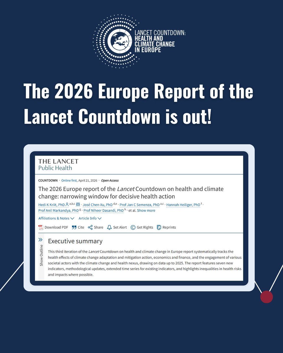 LancetCountdown's tweet photo. 📣New Publication: 2026 Europe report of the Lancet Countdown📣 

Explore the latest evidence on the effect of climate change on health across Europe, and the policies needed to protect people and health systems.

🔗Full report: https://t.co/1cfRsH9Nez
#LancetClimate26 https://t.co/wnJpbA0ciD