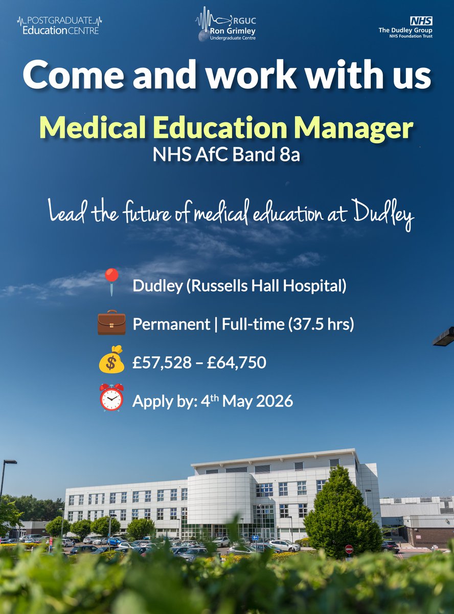 RGUC's tweet photo. Join a forward-thinking Medical Education team at a pivotal time, as @DudleyGroupNHS  moves towards University Hospital status. You’ll play a key leadership role in shaping both undergraduate and postgraduate training across the organisation.

More info:

https://t.co/nEfBwnqkMc https://t.co/zHss7ZAVU0