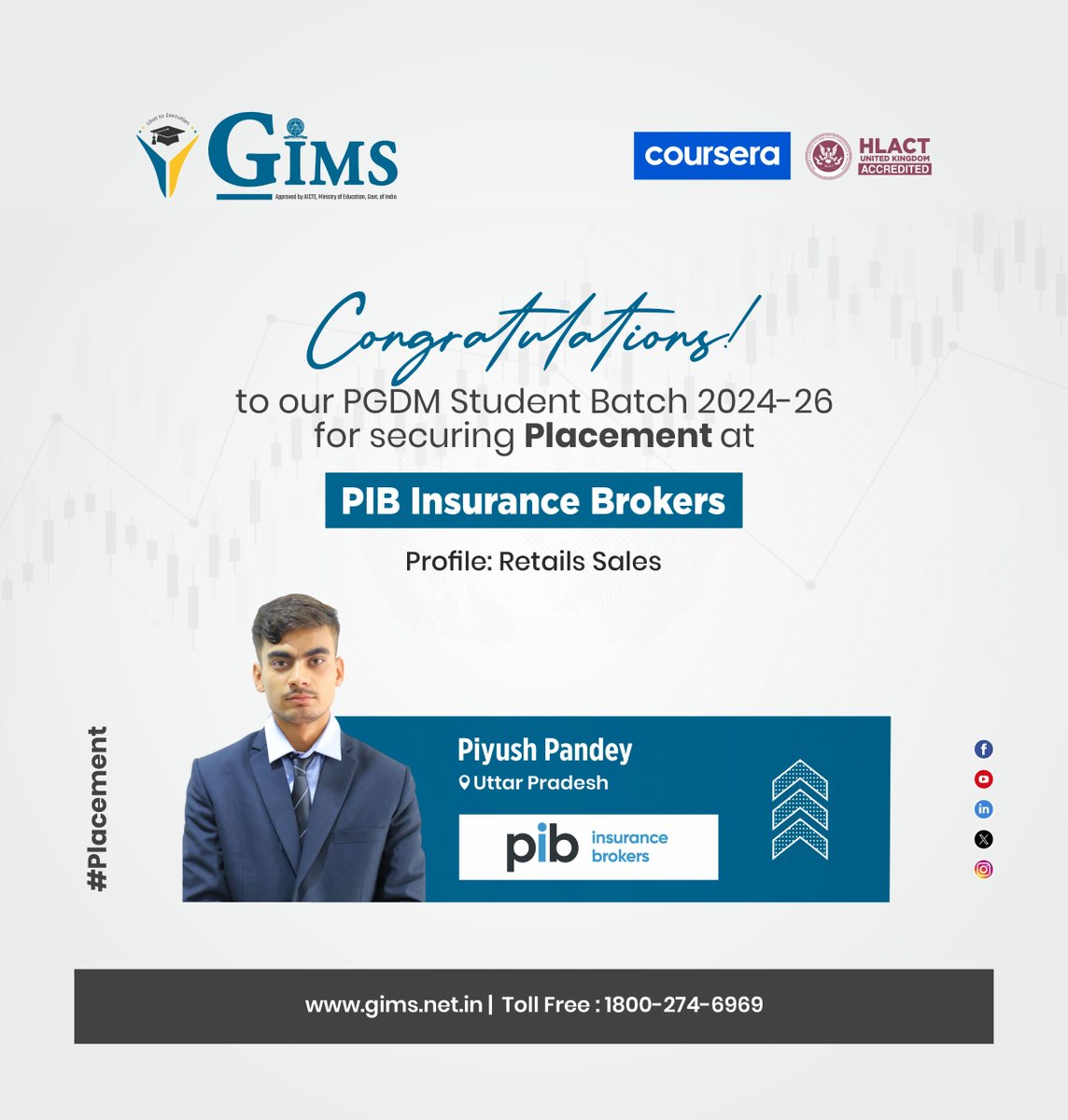 GNIOTCollege's tweet image. GIMS congratulates PGDM Batch 2024 to 26 students on securing placements at PIB Insurance Brokers celebrating hard work and bright career opportunities 
#placements #GIMS #Success #CareerGrowth #CorporateLife
