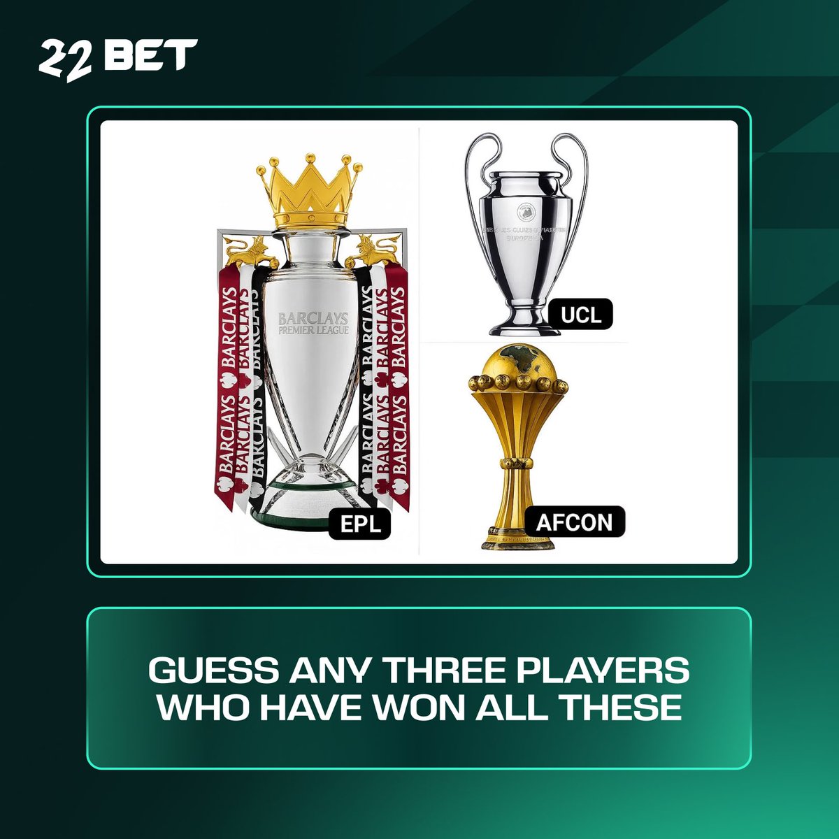 ⚽ Quiz Time!
Name any 2 players that has won: 🏆 UCL + EPL + AFCON

Drop your answer &amp; stand a chance to win $5 FREE BET 🤳🏾

To increase your chances 👇🏾
✔️Follow
✔️Like + RT 

T&amp;C apply