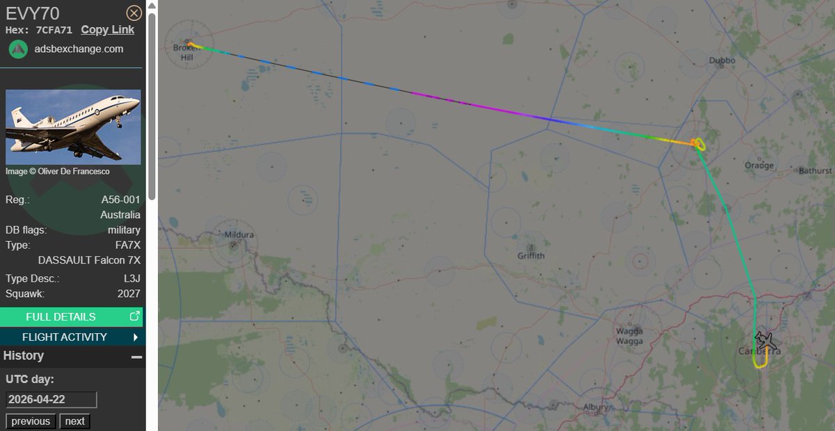 raaf_vip's tweet image. Back to base, including a runway pass at Parkes Airport (PKE).

Route: Broken Hill (BHQ) - Canberra (CBR)
🛫: 04:42 UTC on 22/04/2026
🛬: 06:19 UTC

#RAAF #Canberra