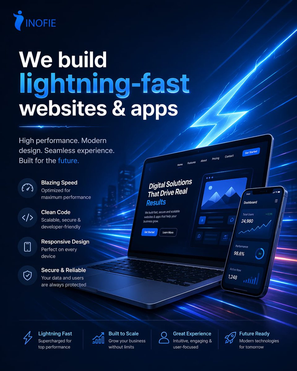 inofie's tweet image. At INOFIE, we build lightning-fast websites &amp;amp; mobile apps that: 
✔ Load in seconds
✔ Improve user experience
✔ Boost conversions 📈

💡 Don’t let a slow website hold your business back.

#WebDevelopment #AppDevelopment #MobileAppDevelopment #WebDesign #InofieTechnologies