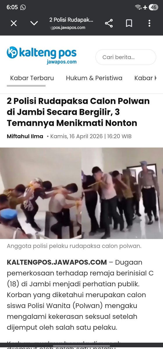 Kabar kurang mengenakkan datang dari Jambi!

Kronologi calon Polwan yang Dirudapaksa oleh Anggota Polisi Jambi.

▶️Pelaku mencoba berkenalan dan mengajak korban (C) berfoto di sebuah gereja, namun ditolak oleh korban. Ini terjadi sekitar September 2025

▶️Pada hari kejadian,