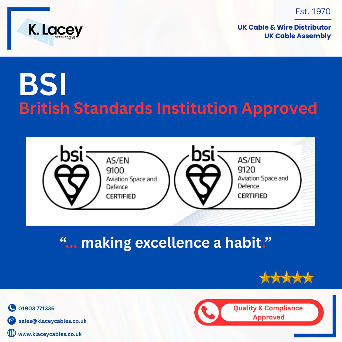 KLACEYCABLES's tweet image. Our 𝐜𝐨𝐦𝐦𝐢𝐭𝐦𝐞𝐧𝐭 𝐭𝐨 𝐜𝐨𝐦𝐩𝐥𝐢𝐚𝐧𝐜𝐞 isn’t just a box we tick, it’s embedded into every stage of our processes. 

#BritishStandards #QualityAssurance #QualityCables #CableAssembly #UKCableAndWire #CableDistributor #CableManufacturer #UKMfg #ISO9001 #AS9120 #AS9100