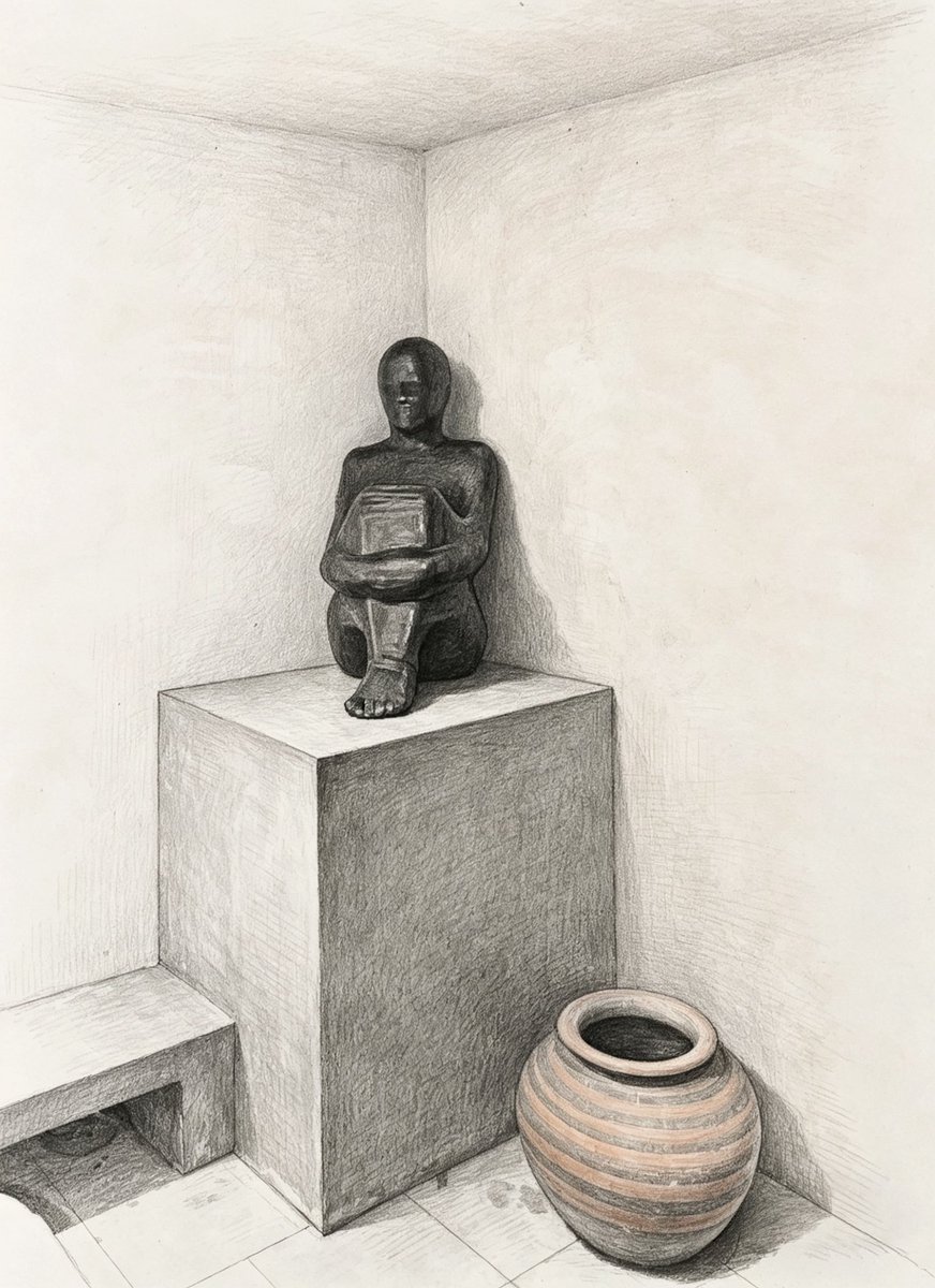 進階素描練習時，我們會在正方體上放一個球體，現在你多了一個練習素材了——
基底被先確定下來，再把不同的形態一一放上去：一尊雕塑和一个陶罐。
簡單與複雜之間，開始產生對照：比例、重量、邊界，也在這樣的安排裡慢慢被看清。當光線和色調被收進同一個範圍時，整個結構才真正穩定下來。
