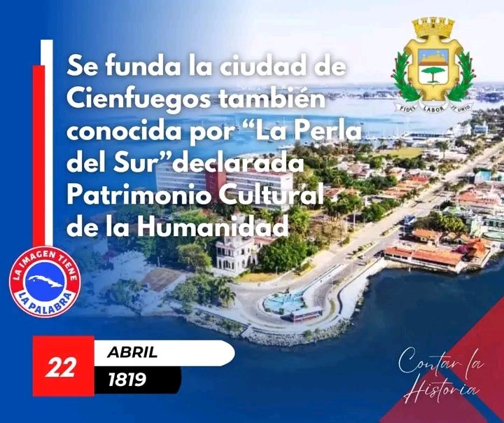 FelixDuarteOrte's tweet photo. 22 de abril de 1819: Es fundada Fernandina de Jagua, hoy ciudad de Cienfuegos.Llegue nuestra felicitación para su pueblo y a todos los cuadros de dirección del territorio en este nuevo aniversario.
#Cuba https://t.co/dl7Zuo29n8