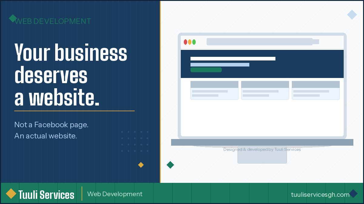 TuuliIncorpora1's tweet image. Your business needs a website. Not a Facebook page. A website. At Tuuli Services, we build professional, fast, mobile-first websites for businesses across Ghana. 🇬🇭 📩 DM us or visit tuuliservicesgh.com #WebDevelopment #GhanaTech #TuuliServices