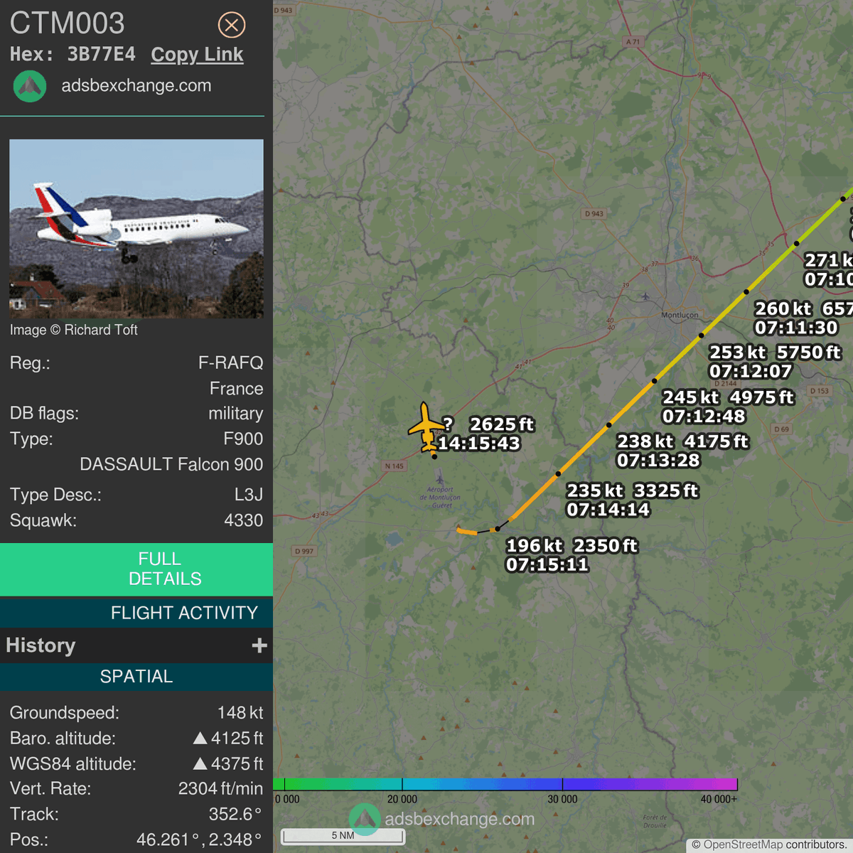 FlottePresident's tweet photo. 🛫 Un Dassault Falcon 900 🇫🇷 République Française vient de décoller près de Montluçon/Guéret, France.
Vol #CTM003, immatriculation #FRAFQ.
Suivre le vol : https://t.co/aKEFAOe1YH https://t.co/poHmzrunL5