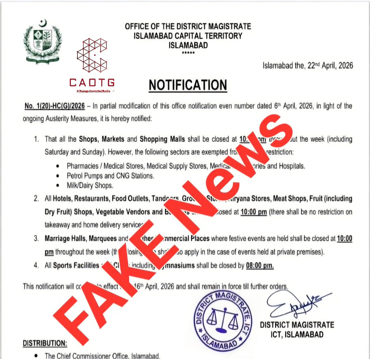shaheryarhassan's tweet image. #Islamabad: #FakeNewsAlert #ChampAlertsOnTheGo #CAOTG 
A fake notification regarding revised shop closure timings is being circulated on social media, The Islamabad Administration has NOT issued any new notification today in this regard.