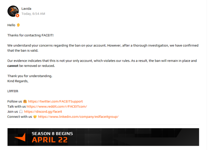 GiacSL's tweet photo. @FACEIT_Darwin 
Hello man, my brother and I have been banned from FaceIT. His account has been  permanently banned for "smurfing " and mine has been banned for 1month for "playing on a smurf", while we both did ID verification. We can provide any proof ,can you help us please ? https://t.co/4LugVjwfSt